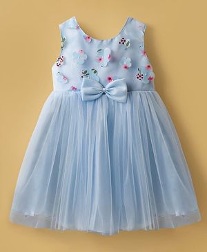 Babyhug Woven Sleeveless Mesh Party Dress with Bow & Floral Applique - Light Blue