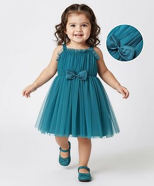 Babyhug Woven Sleeveless Party Dress With Bow Applique & Mesh Detailing - Teal Blue