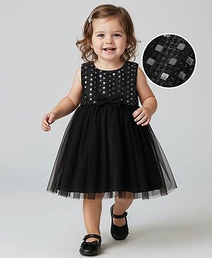 Babyhug Woven Sleeveless Mesh Party Dress with Yoke Embellishment - Black