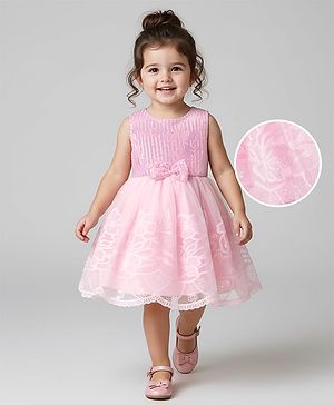 Babyhug Sleeveless Sequins & Floral Embroidered Detailing Fit & Flare Mesh Party Dress - Pink