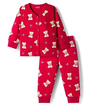 Babyhug Knit Full Sleeves Bear Printed Co-ords Thermal Vest & Pant Set - Maroon