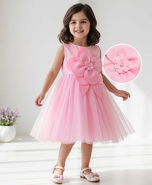 Babyhug Woven Sleeveless Fit & Flare Mesh Party Dress with Floral Applique - Pink