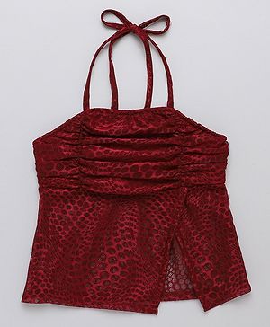 Taffykids Lace Knit Sleeveless Polka Dots Embroidered Ruched Slit Peplum Top - Maroon