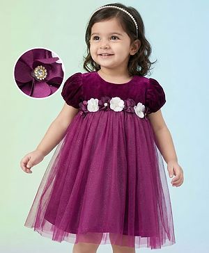 Babyhug Mesh Woven Half Puffed Sleeves Fit and Flare Party Dress With Glitter & Floral Applique - Wine