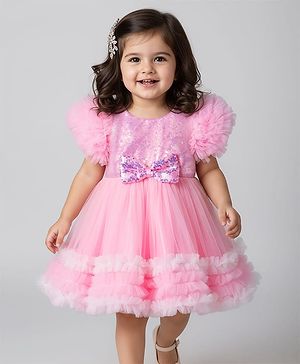 Babyhug Woven Half Sleeves Mesh Party Dress With Sequin Detailing & Bow Applique - Pink & White