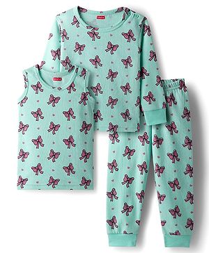 Babyhug Knit Full Sleeves Pullover & Sleeveless Thermal Vests & Pant Set with Bow Print - Turquoise