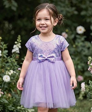 Babyhug Woven Half Sleeves Mesh Party Dress With Sequin Detailing & Bow Applique - Lavender
