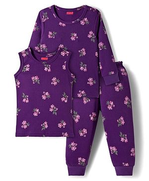 Babyhug Knit Full Sleeves Co-ords Pullover Thermal Wear Set with Floral Print - Purple