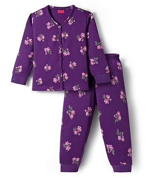 Babyhug Knit Full Sleeves Thermal Inner Wear Set With Floral Print - Purple