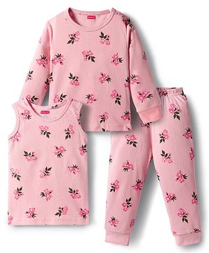 Babyhug Knit Full Sleeves Thermal Inner Wear Set With Vest & Floral Print - Pink