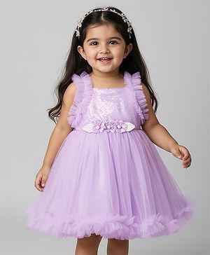 Babyhug Woven Sleeveless Mesh Party Dress With Floral Applique & Sequin Detailing On Yoke - Lavender