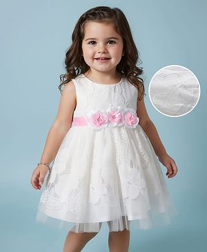 Babyhug Woven Sleeveless Mesh Party Dress With Lace Detailing & Floral Applique - White