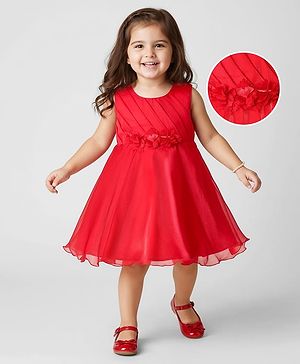 Babyhug Woven Sleeveless Flared Partywear Dress with Pintuck Detailing & Floral Corsages - Red