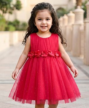 Babyhug Woven Sleeveless Mesh Party Dress with Floral Applique & Glitter Embellishment - Red