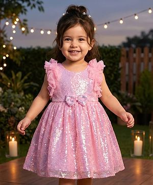 Babyhug Woven Sleeveless Flare Party Dress with Bow & Sequinned Applique - Pink