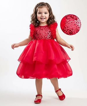 Babyhug Woven Sleeveless Layered Party Dress With Sequin & Frill Detailing - Red