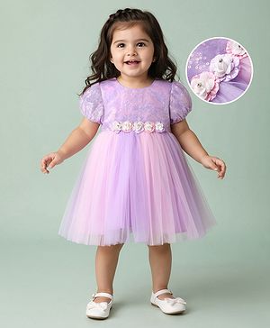 Babyhug Woven Puffed Sleeves Flared Party Dress with Sequins - Lavender