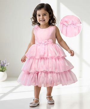 Babyhug Woven Sleeveless Fit & Flare Solid Colour Layered Partywear Dress With Corsages - Pink