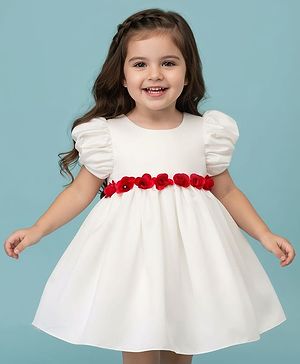 Babyhug 5 Layers With Cotton Lining Premium Satin Puff Sleeves Dress With Corsage - White & Red
