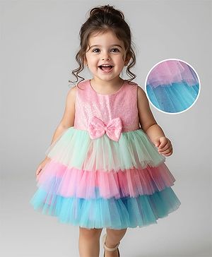 Babyhug Woven Sleeveless Mesh Layered Party Dress with Bow Applique & Sequin Detailing - Multicolor