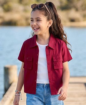 Pine Kids Cotton Woven Half Sleeves Solid Color Shrug with Pockets & Top - Wine & White