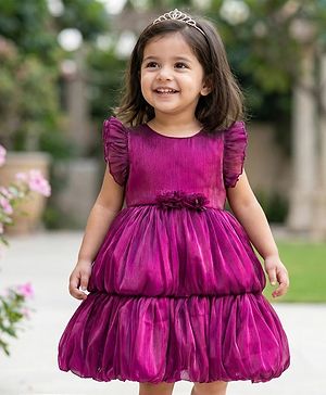 Babyhug Woven Frill Sleeves Fit & Flare Party Dress with Floral Applique - Purple