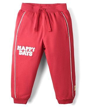 Babyhug Terry Cotton Knit Full Length Lounge Pant With Text Embroidery - Maroon
