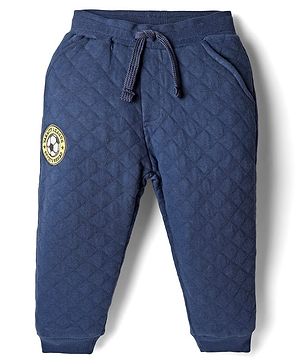 Babyhug French Terry Knit Full Length Quilted Lounge Pant with Football Embroidery - Blue