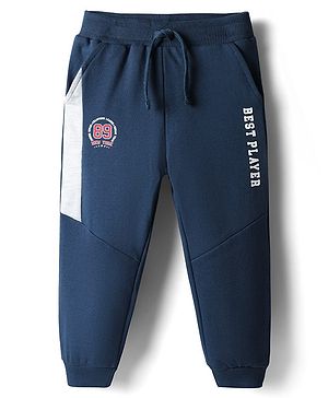 Babyhug Terry Cotton Knit Full Length Cut & Sew Lounge Pant With Text Print - Navy Blue