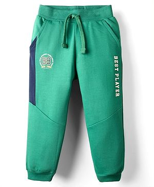 Babyhug Terry Cotton Knit Full Length Cut & Sew Lounge Pant With Text Print - Green