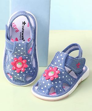 Cute Walk by Babyhug Velcro Closure Sandals with Polka Dot Print & Floral Applique - Blue