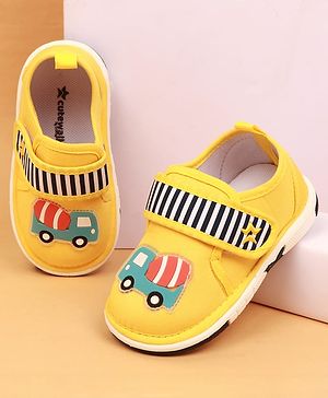 Cute Walk by Babyhug Velcro Closure Casual Shoes With Vehicle Applique & Stripes - Yellow