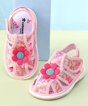 Cute Walk by Babyhug Velcro Closure Sandals with Floral Print & Applique - Pink