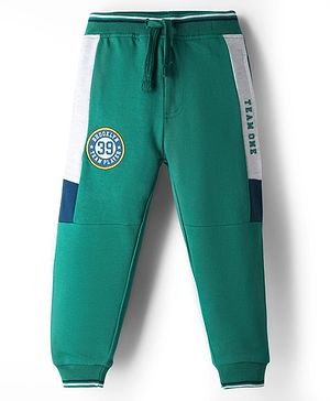 Babyhug French Terry Knit Full Length Lounge Pant With Text Patch - Green