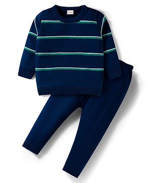 Babyhug Knit Full Sleeves Sweater Set With Stripes - Navy Blue