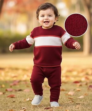 Babyhug Knit Full Sleeves Striped Pullover Sweater Set - Maroon White & Orange