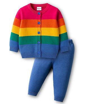 Babyhug Knit Full Sleeves Front Open Sweater Set with Stripes - Multicolor