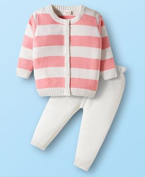 Babyhug Knit Full Sleeves Front Open Sweater Sets With Stripe Design - White & Pink