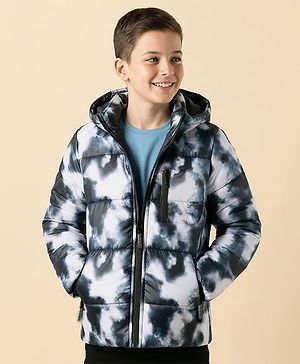 Pine Kids Woven Full Sleeves Tie & Dye Printed  Hooded Padded Jacket  - Navy Blue