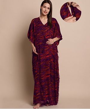 Secret Wish Cotton Woven Half Batwing Sleeves Abstract Printed Maternity Kaftan Nighty With Side Seam Nursing Acess - Purple