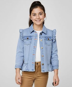 Pine Kids Cotton Woven Full Sleeves Solid Denim Jacket - Light Blue