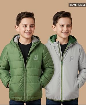 Pine Kids Woven Full Sleeves Solid Hooded Reversible Jacket - Green