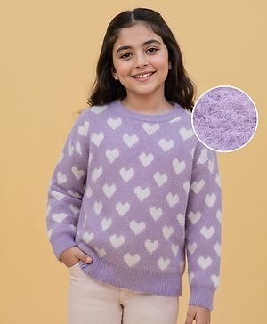 Pine Kids Knitted Full Sleeves Pullover Sweater With Heart Design - Purple