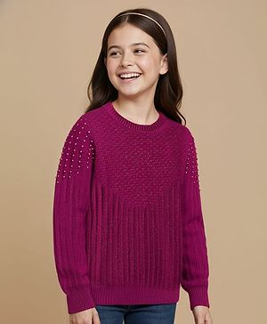 Pine Kids Knit Full Sleeves Solid Coloured Pearl Embellished Pullover Sweater - Dark Pink