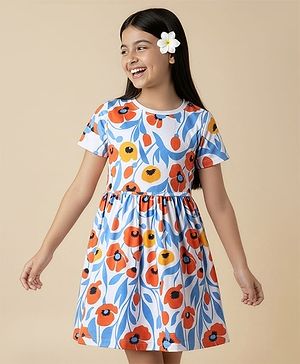 Pine Kids Cotton Knit Half Sleeves Frock With Floral Print - Light Blue