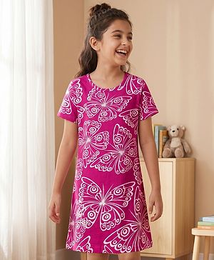 Pine Kids Cotton Knit Half Sleeves Nighty With Butterfly Print - Fuschia