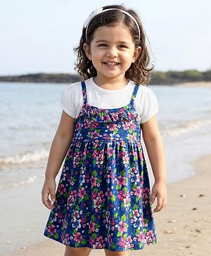 Babyhug Single Jersey Knit Half Sleeves Frock With Floral Print - Blue & White