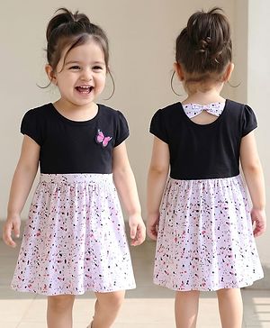 Babyhug Single Jersey Knit Half Sleeves Printed Frock with Butterfly Patch - Multicolor