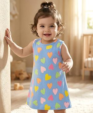 Babyhug Single Jersey Knit Sleeveless  Frock With Heart Print - Blue