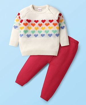 Babyhug Knit Raglan Full Sleeves Hearts Designed Pullover Sweater & Pant Set - White & Red